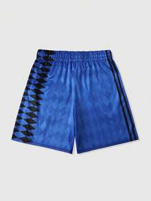 ROMWE MEN Street Life 男士夏季休闲几何印花抽绳腰短裤 - 藍色 - 查看 2