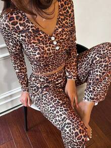 Napfluff Women's Casual Leopard Print V-Neck Fitted Long Sleeve Pajama Set - Multicolor - View 4
