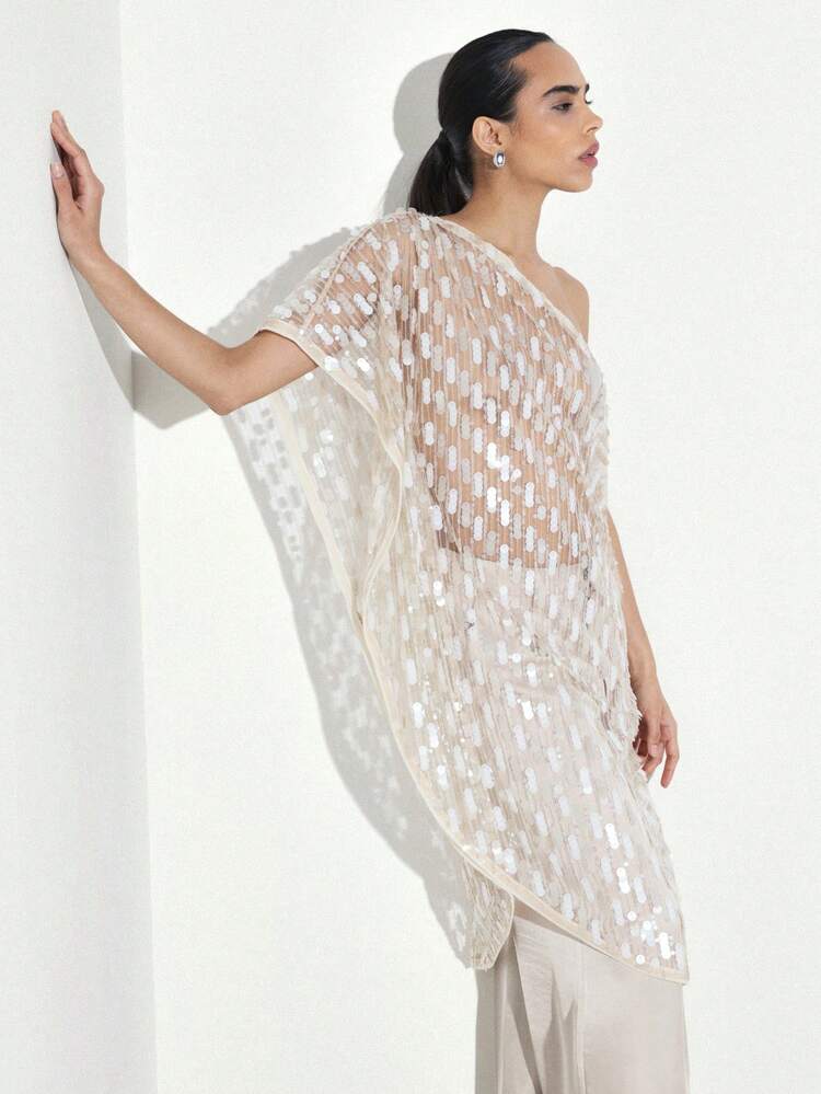 KSTM Womens One Shoulder Sequin Maxi Top Asymmetric Elegant Flowing Design Evening, & Formal Occasions