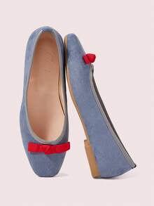 CUCCOO DOLLMOD 女士蓝色绒面革方头蝴蝶结低帮平底鞋，日常百搭可爱女鞋 - 藍色 - 查看 1