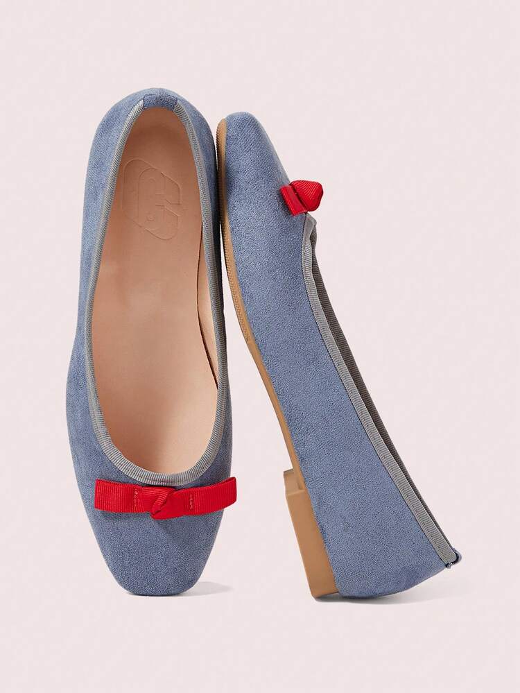 CUCCOO DOLLMOD Ladies Blue Suede Square Toe Bow Low Vamp Flat Sole Shoes, Daily Versatile Cute Women's Shoes