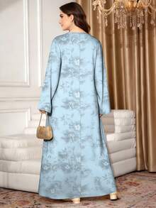 SHEIN Najma 亮面质感碎花浅蓝色大码女式连衣裙，V领长袖春夏时尚长款连衣裙，优雅碎花长裙 - 彩色 - 查看 2
