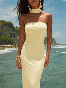 Opulessa Đầm ôm sát in họa tiết lưới dệt kim dành cho nữ - Vàng nhạt - Xem 6