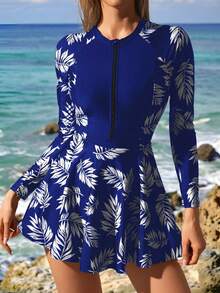 Swim SPRTY Đồ bơi liền thân in họa tiết lá nhiệt đới chắp vá màu đen dành cho nữ, phong cách bảo thủ khi đi nghỉ, lướt sóng, thể thao - Màu xanh lam - Xem 3