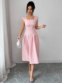 Elenzga 女士方领提花短袖优雅连衣裙 - 粉色 - 查看 6