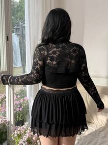 SHEIN CovetEZ 女士加大码蕾丝拼接立领时尚百搭长袖上衣 - 黑色 - 查看 2
