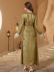 Al Najma New Arrival Turkish Robe With Gold Foil, Embroidery, Mesh Collar And Floral Lace Trim, Luxury Long Dress - Gold - View 2