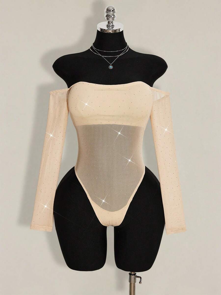 SHEIN ICON Áo liền thân tay dài trễ vai màu trơn đính đá cho nữ - Màu be - Xem 1