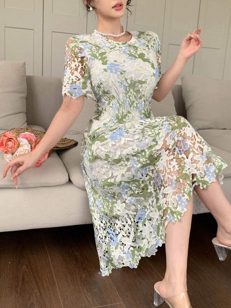 Women's Elegant Floral Lace Round Neck Mid-Length Dress, Suitable For Spring & Summer