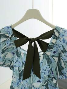 GlowEve Women's Summer Floral Print Blue Square Neck Tie Waist Puff Sleeve A-Line Dress, Fashionable Elegant Casual Vacation Beach - Multicolor - View 8