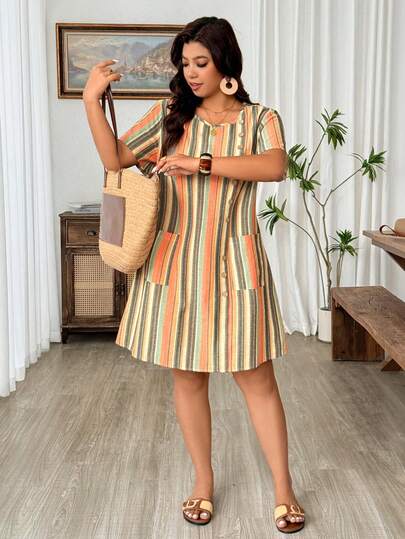 Weeklong Plus Size Women's Spring/Summer Striped Textured Skin-Friendly Orange Dress, Vintage Textured Fabric, Butterfly Sleeve Decor, Casual Shirt, Shorts, Striped Commuter Casual Button Design Mid-Length Dress, Suitable For Graduation, Holidays, Valentine's Day, Music Festivals, Mother's Day, Halloween, Thanksgiving, Easter, National Day, Balls, Dates, Parties, Weddings, Outings, Etc.