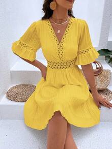 Breezaya 尔蕾丝拼接荷叶边袖连衣裙度假沙滩装女装 - 黃色 - 查看 3