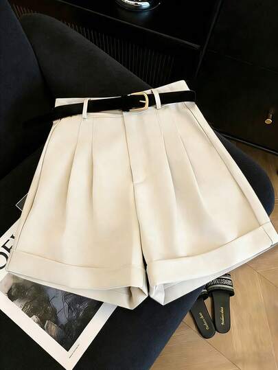 SHEIN Franclia Ladies' New Spring And Summer French Street Style Light Apricot High-Waisted Pleated Roll-Up Shorts, Featuring A Single Row Of Buttons And Loose Wide Leg Cut, Made Of Smooth And Crisp Fabric, Suitable For Spring And Summer Commuting / Casual Street Wear. Product Features Include: Women's High-Waisted Shorts, Pleated Wide-Leg Roll-Up Pants, Light Apricot Versatile Bottoms, Slimming Casual Shorts For Work, Spring And Summer Refreshing Fabric Pants. Belted Shorts Cream Shorts White Shorts Elegant