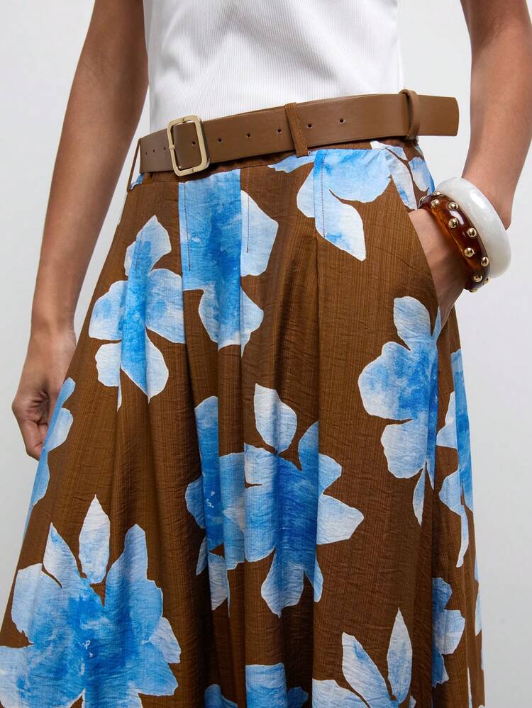 SHEIN Maija 2025 Summer New Khaki Pleated Flared Skirt With Side Pockets, Elegant Casual Skirt For Women, Suitable For Wedding Guest, Office, Daily, Beach, Music Festival, Party, Independence Day, Y2K Style