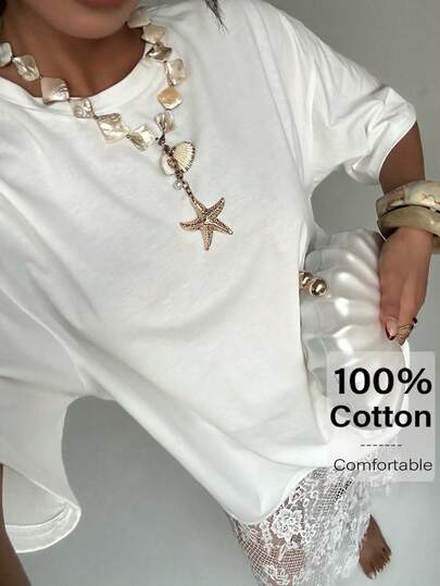 Aloruh Casual Everyday Oversize White T-Shirt + H-Line Lace Skirt 2 Pieces Set For Women