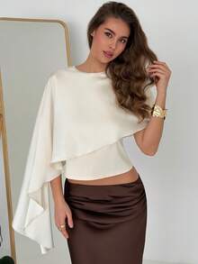 Aloruh 女士纯色圆领不对称设计时尚T恤 - 杏色 - 查看 6