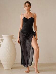 Swim Oasis 2026 Women's Spring/Summer Elegant Romantic Seashell Cup Shaped Swimsuit With Pearl Chain Strap, Bohemian Wave Texture Push-Up Underwire Molded Cup, Wrap-Around Mesh Skirt For Beach Vacation - Black - View 13