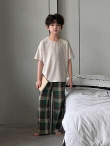 DAZY 男童纯色短袖上衣和格子裤睡衣套装（夏季款） - 綠色 - 查看 2