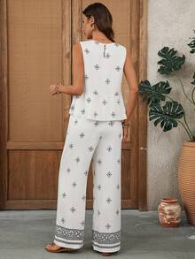 EMERY ROSE Damen Urlaubs-Lässig Geometrisches Muster Trägerhemd und Hose 2-teiliges Set - Verschiedenfarbig - Übersicht 2