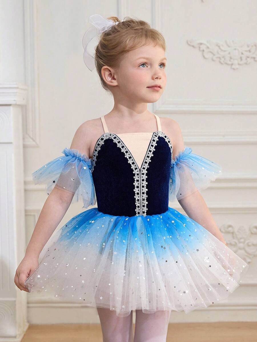 SHEIN Vestito da balletto tutu per ragazze giovani, abito da ballo con maniche in rete a contrasto di colore, orlo in rete sfumato, maniche in rete da principessa, elegante e alla moda - Blu - Visualizzare 1