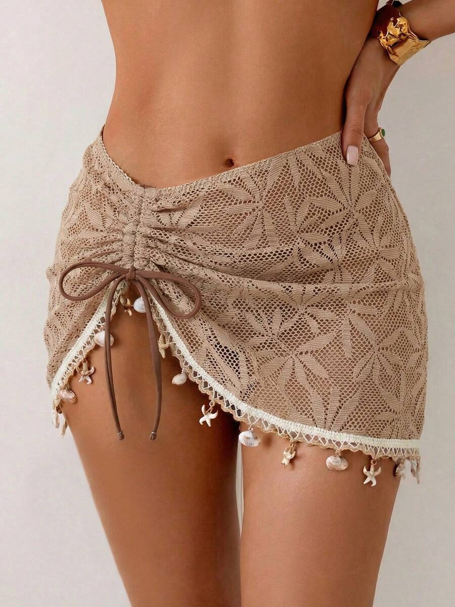 Swim Lushoire Rok Wanita Musim Panas untuk Liburan Pantai, Tali Serut, Hiasan Rumbai Motif Bintang Laut dan Cangkang, Warna Polos, Kain Tekstur Khusus, Belahan Bawah, Penutup Pakaian Renang - Khaki - View 1