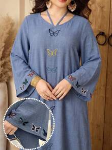 Al Najma Plus Size Women's Butterfly Embroidered Arabic Style Dress - Blue - View 4