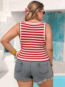 Vivid Eden 女士休闲优雅浪漫条纹针织弹力圆领衬衫，适合春夏穿着 - 紅白色 - 查看 2