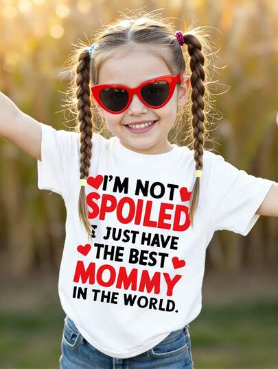 SHEIN 儿童白色印花T恤，新款女童爱心字母短袖上衣，时尚休闲舒适圆领T恤，适合所有季节