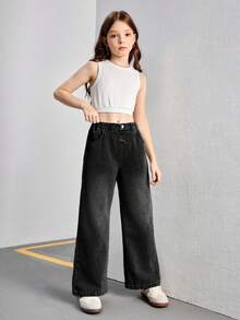 SHEIN 女童日常休閒街頭風純色深色水洗牛仔直筒牛仔褲，拉鍊細節，適合學校、夏季返校、秋季 - 黑色 - 查看 7