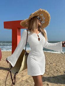 Đầm dệt kim cổ yếm màu trơn dành cho nữ, thích hợp cho kỳ nghỉ, đi biển. - trắng - Xem 5