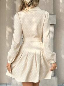 SHEIN PariChic Women's Elegant Rose Print Long-Sleeved Dress,Beige Summer Date A-Line Short Dress With Bow Belt,Front Buttons, Puff-Sleeved Stylish Design - Apricot - View 2