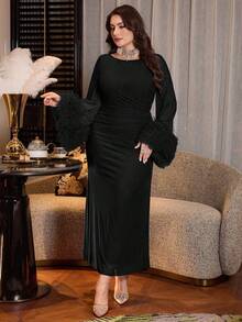 Modelyn Vestido de línea A con volantes en la cintura, mangas acampanadas de malla de unicolor elegante, talla grande, adecuado para primavera y otoño - Negro - Ver 6