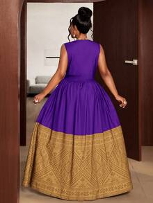 Maweii Plus Size Women Patchwork Ruched Waist Elegant Party Dress - Purple - View 3