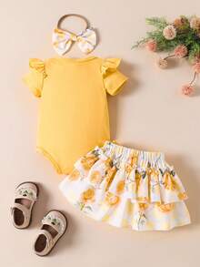 Souflis Souflis Conjunto de 3 piezas para bebé niña: Mono de manga corta dulce y lindo, vestido con estampado floral y lazo, y diadema, para verano - Mostaza Amarilla - Ver 2