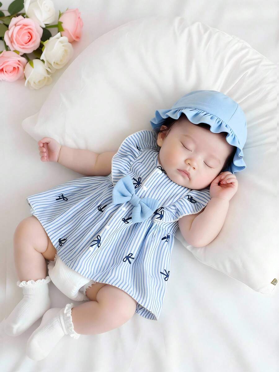SHEIN Vintaside Kids 女婴简约可爱条纹蓝色蝴蝶结荷叶边无袖连衣裙和蓝色帽子，适合日常穿着，春夏皆宜 - 藍色 - 查看 1