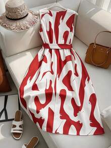 GlowEve CURVE Plus Size Sleeveless Mid-Length Dress With Minimalist Design Belt And Waist Cinching Printed Pattern - Red - View 2
