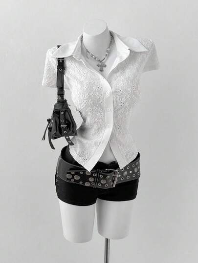 Sunspun 大码纯色拼接提花镂空修身短袖衬衫