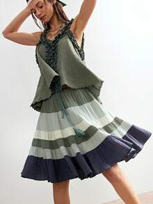 Bohemela 波西米亚风自由休闲编织拼接绿色宽松女裙 - 綠色 - 查看 6