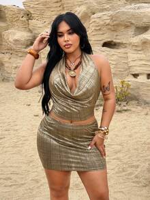 Rustia Plus Size Sexy Metallic Halter Backless Top And Mini Skirt 2 Pieces Set, Summer - Gold - View 3