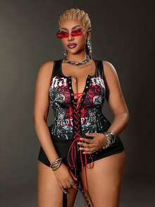 Maweii 女士性感印花镂空撞色系带吊带背心，适合日常、度假和派对穿着，大码尺码 - 黑色 - 查看 6