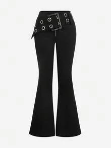 Muchica Plus Size Women Casual Flare Pants With Eyelet & Buckle Design Gothic Pants High Waisted Pants Black Wide Leg Pants Women Wide Leg Trousers For Women Gothic Wide Leg Pants High Waisted Pants For Women Wide Leg Pants For Women Belted Pants - Black - View 2