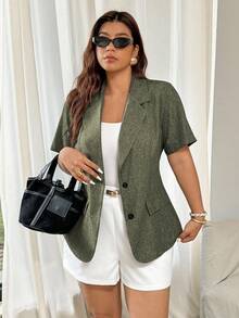 Vionelle Plus Size Women's French Style Short Sleeve Blazer,Army Green,Summer,Smart Casual,Everyday,Work,Elegant Business Office Corporate Wear Outfit - Army Green - View 4