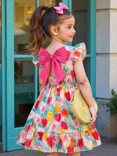 Elladie kids 女童优雅印花圆领泡泡袖露背蝴蝶结装饰腰部荷叶边下摆休闲连衣裙，适合夏季度假旅行，可爱又优雅
