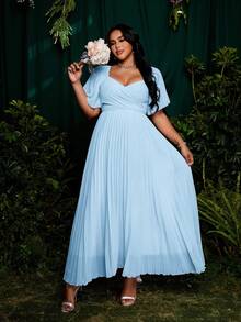 Roveilla 法式優雅公主宮廷風嬰藍色夏季婚禮賓客伴娘派對洋裝，大尺碼A字版型百褶度假婚禮荷葉邊蝴蝶結 - 藍色 - 查看 7