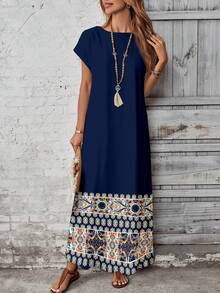 EMERY ROSE Đầm hè nữ kiểu dáng retro phối họa tiết. - Màu xanh hải quân - Xem 5