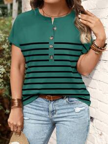 EMERY ROSE Plus Size V-Neck Button Striped Short Sleeve T-Shirt, Loose Fit, 2025 New Arrival - Green - View 3