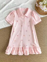 Girls Casual Rainbow Print Puff Sleeve Polo Collar Ruffled Hem Short Dress Back To School Clothes Summer Outfits Tp Supplies Bags