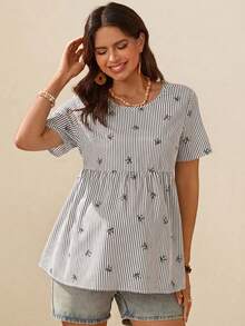 SHEIN 孕妇度假休闲条纹蝴蝶结印花衬衫 - 黑與白 - 查看 5