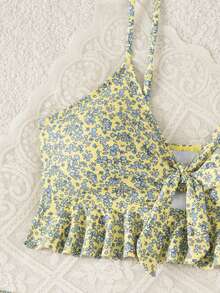 Swim Mod 女士夏季沙滩碎花荷叶边比基尼套装，含罩衫和裙子 - 黃色 - 查看 5