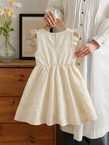 Elladie kids 少女甜美公主风提花蝴蝶结装饰荷叶边连衣裙，适合日常外出、休闲聚会、家庭聚会、生日派对、舞蹈活动等场合。 - 杏色 - 查看 2